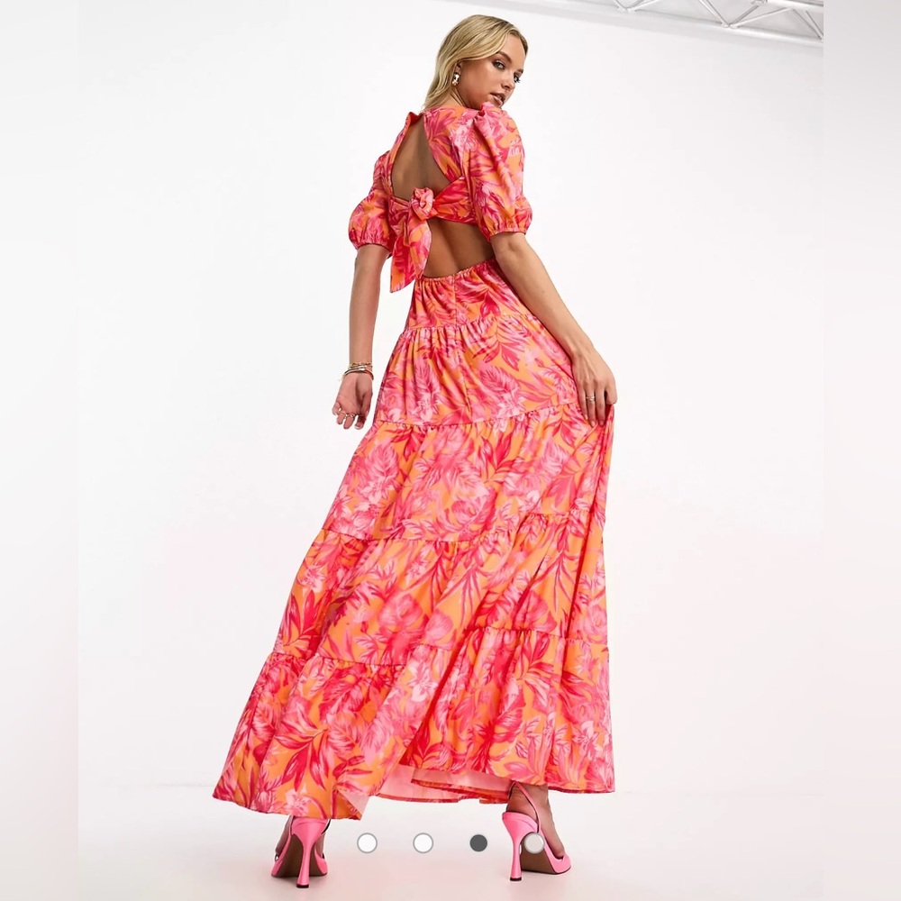 Style Cheat, puff sleeve , orange and pink midi dress in floral